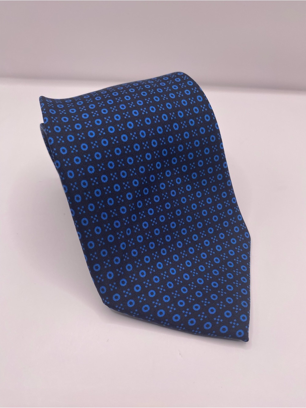 Bloomingdale's Navy Tie with Bright Blue Geometric Motif